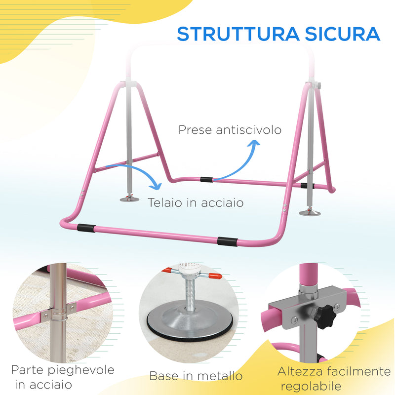 Barra Trazioni per Bambini Pieghevole Altezza Regolabile 88-128 cm in Acciaio Rosa  