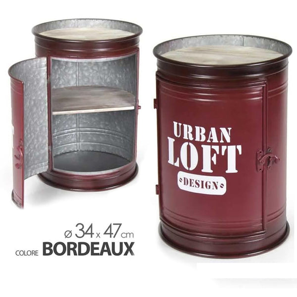 prezzo Tavolino Contenitore Bidone Tondo Struttura Metallo Bordeaux e Ripiani in Legno