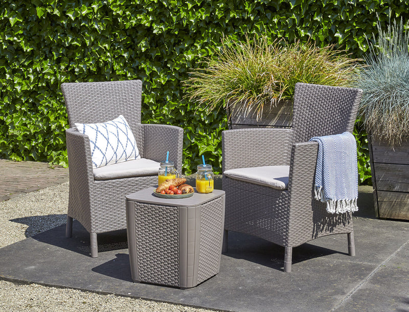 Set Tavolino e 2 Poltrone da Giardino Effetto Rattan Keter Iowa Balcony Cappuccino