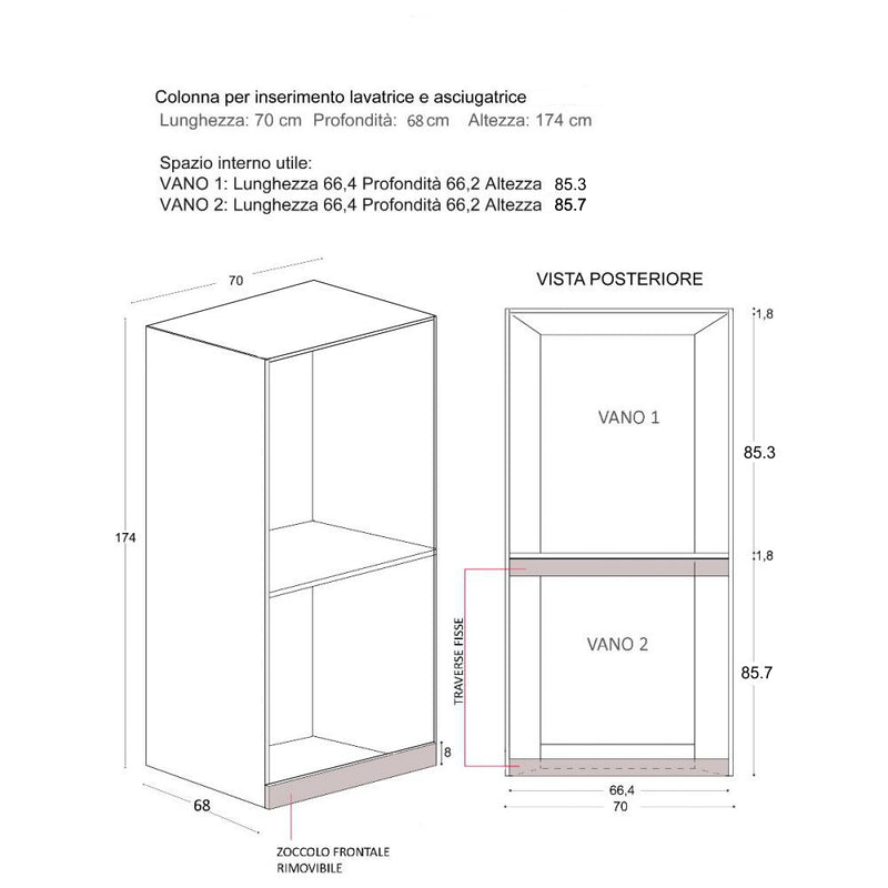 Mobile Lavanderia a Colonna per Lavatrice e Asciugatrice Senza Ante 70x70x174A cm in Nobilitato Unika Bianco Latte