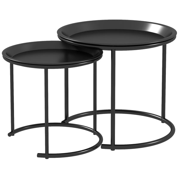 online Set 2 Tavolini da Salotto Rotondi Sovrapponibili con Vassoio rimuovibile Nero