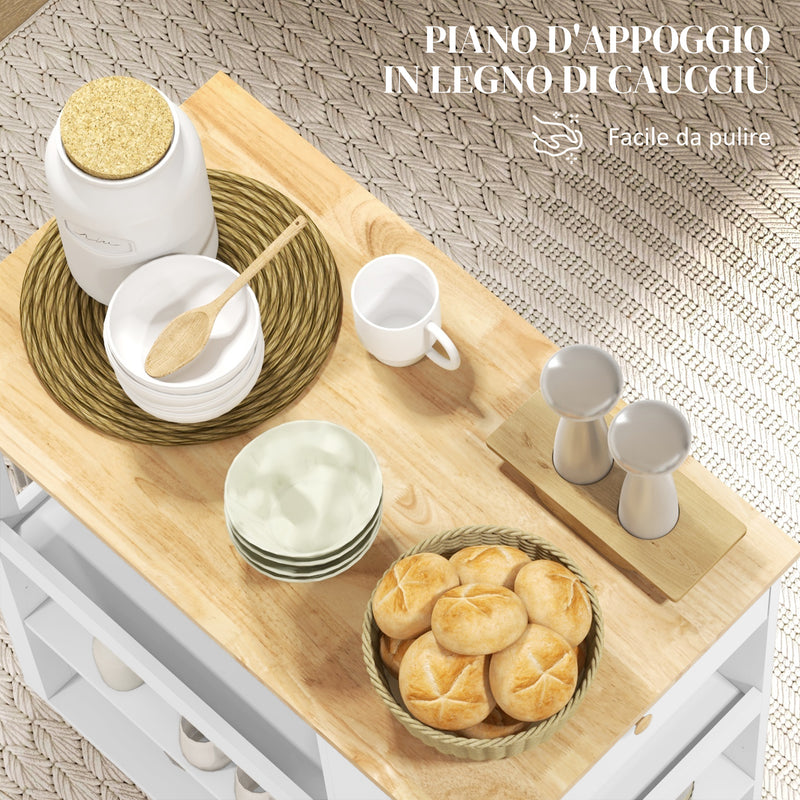 Carrello da Cucina Piano in Legno Isola Multiuso con Portaspezie e Portasciugamani 86,5x47x88 cm in Legno Bianco  
