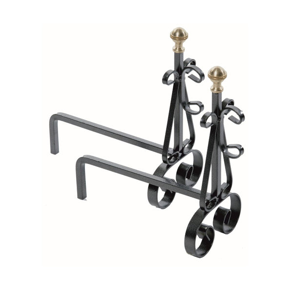 Coppia di Alari per Camino Pomolo in Ottone in Ferro Verniciato Grigio Martellato  