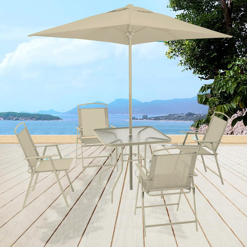 Set da Pranzo 6 Pezzi per Giardino Patio Tavolo Piano in Vetro con Ombrellone e 4 Sedie Pieghevoli Sabbia