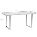 Tavolo Rettangolare 155x85x75 cm Max 6-8 Persone in MDF e Acciaio Effetto Marmo Bianco