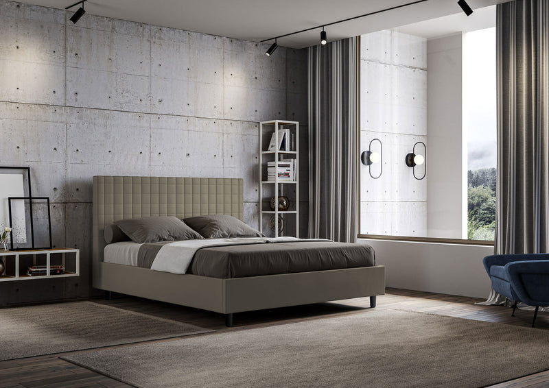 Letto Matrimoniale con Testata e Alzata Comoda Imbottito in Similpelle Sunny Cappuccino Varie Misure