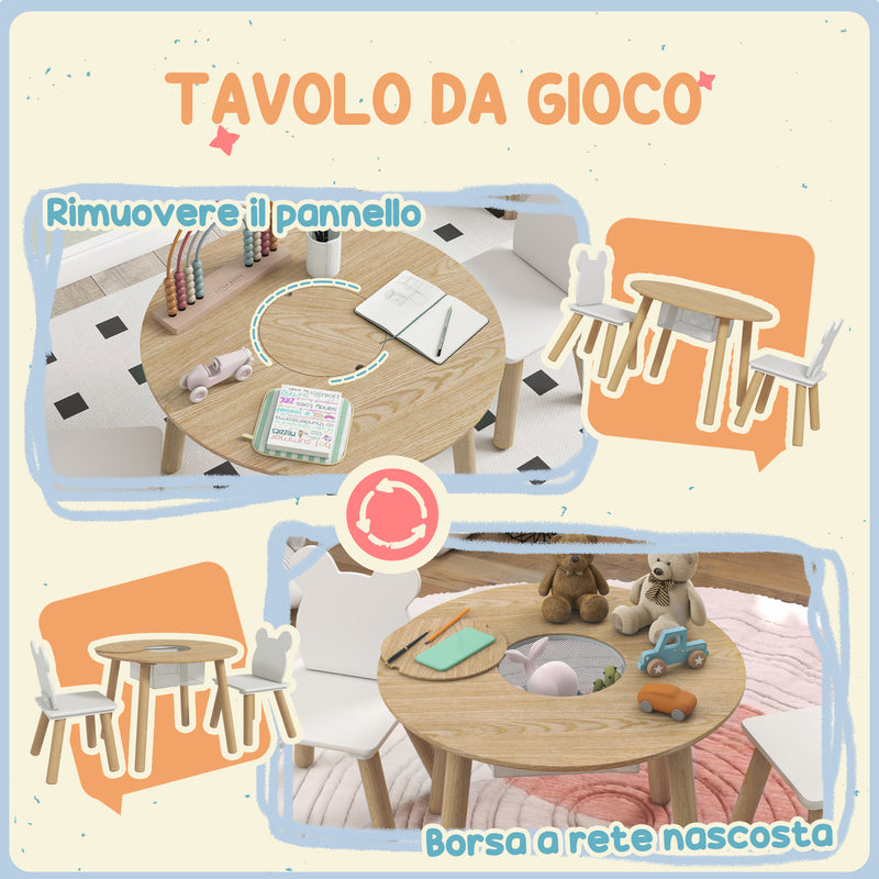 Set con Tavolo e 2 Sedie per Bambini con Schienale a Orsetto Tavolino con Vano Contenitore in MDF Bianco e Legno      