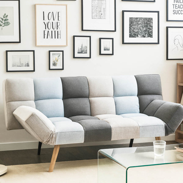 Divano Letto 2 Posti con Braccioli Apertura Clic Clac Imbottitura in Schiuma Patchwork Grigio online