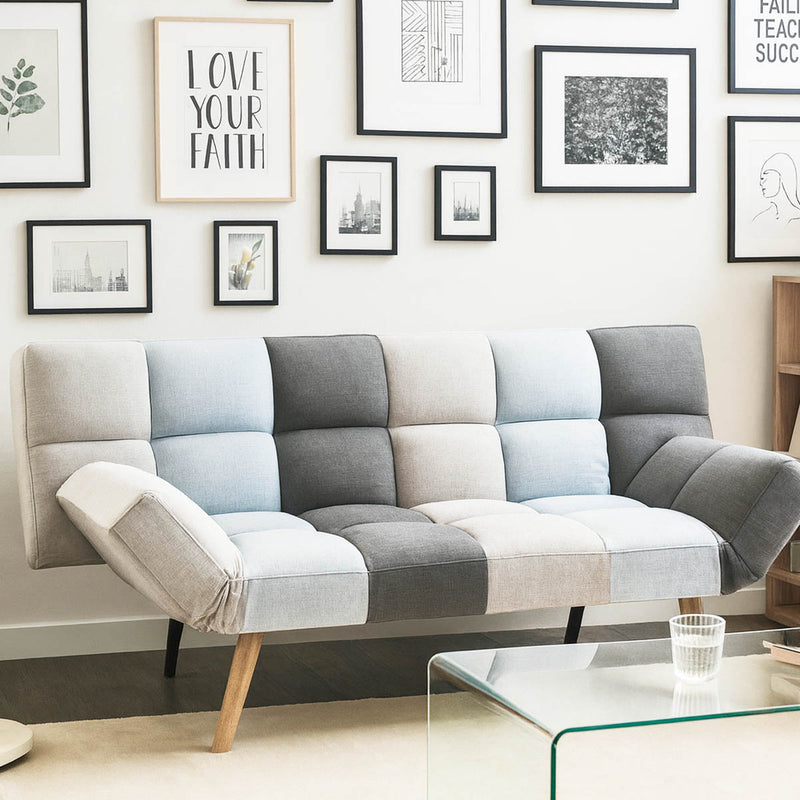 Divano Letto 2 Posti con Braccioli Apertura Clic Clac Imbottitura in Schiuma Patchwork Grigio      