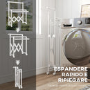 Stendibiancheria Pieghevole con 3 Barre Regolabili Ruote Girevoli e Struttura in Acciaio Inox Argento      