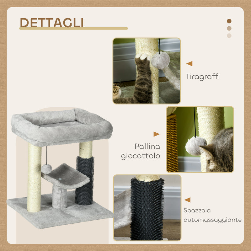 Albero Tiragraffi con Lettino in Peluche 40x40x48 cm con Spazzola e Palo in Sisal Grigio   