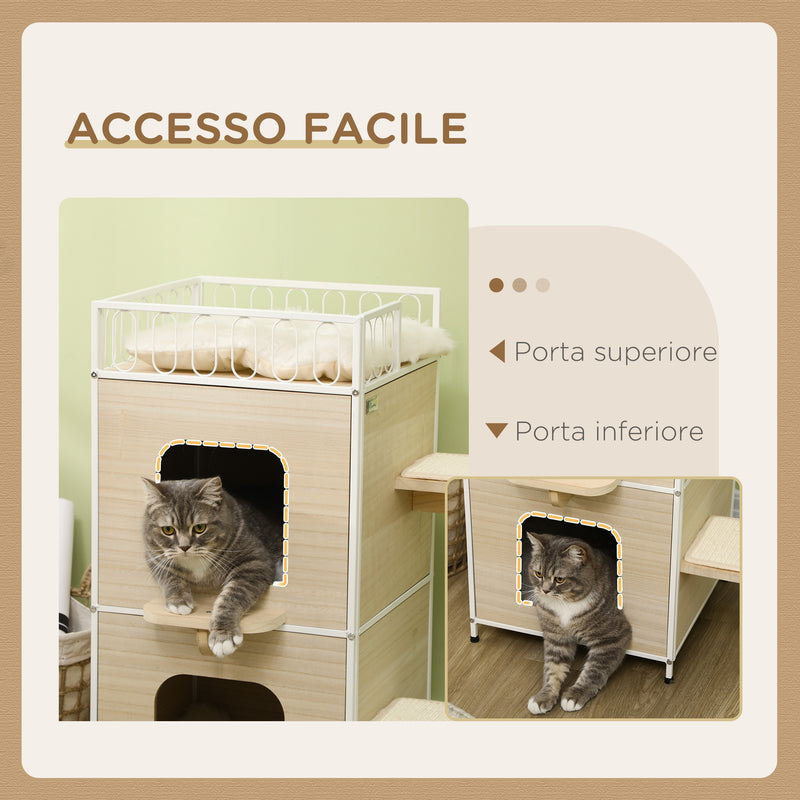 Casetta per Gatti 3 Piani 40x40x84 cm con Tiragraffi Legno e Bianco