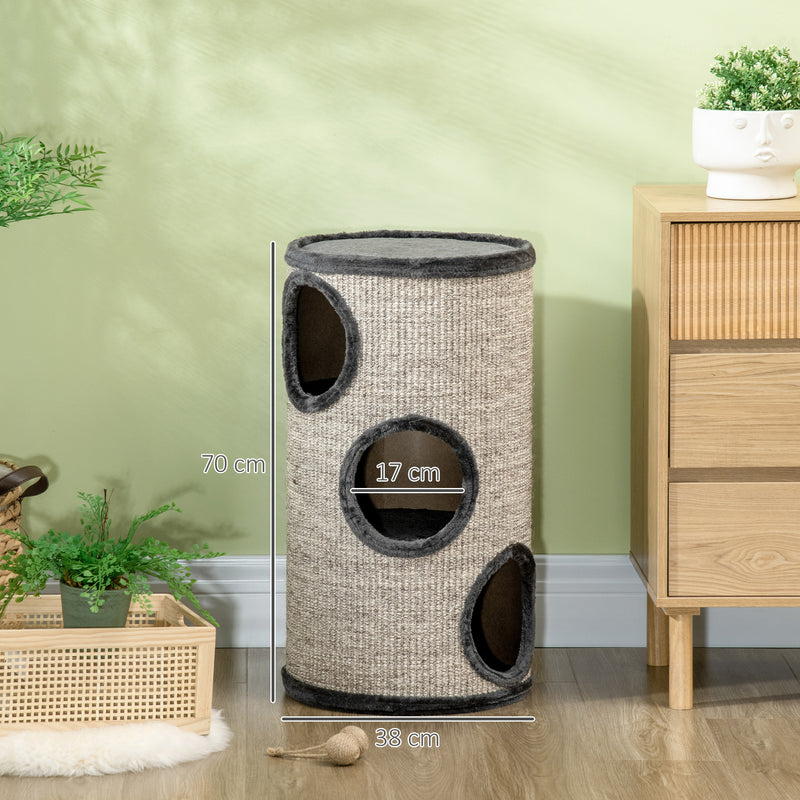Cuccia per Gatti a 3 Livelli Ø38x70cm con Tiragraffi in Sisal e Peluche Grigio      