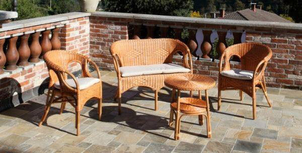 Set Salotto da Giardino Divano 2 Poltrone e Tavolino in Rattan Mandolino Miele