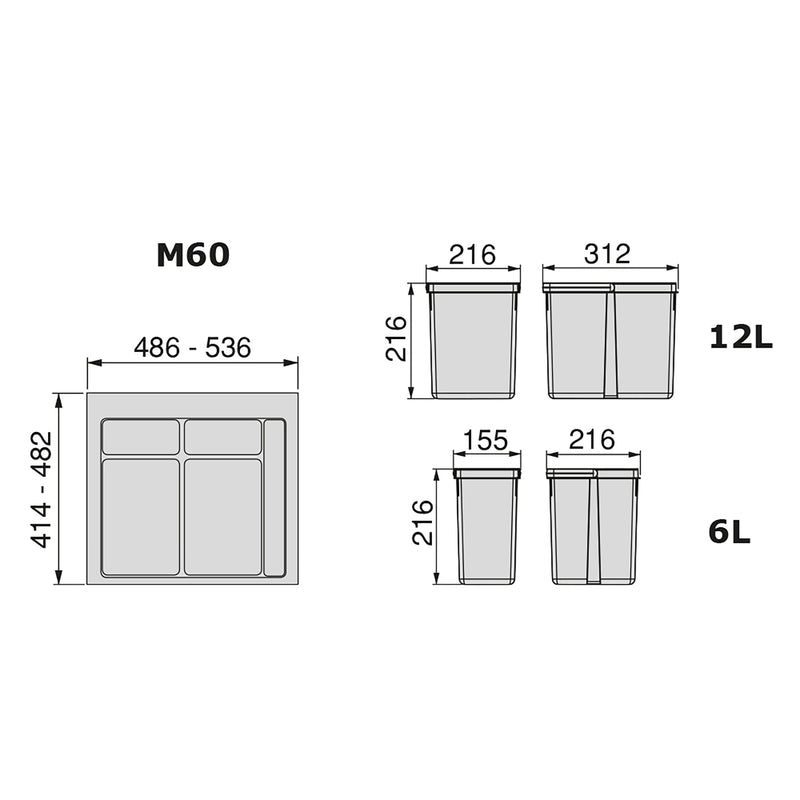 Pattumiera Differenziata 3 Contenitori per Cassettone 60x21,6 cm con Base Emuca Grigio Antracite