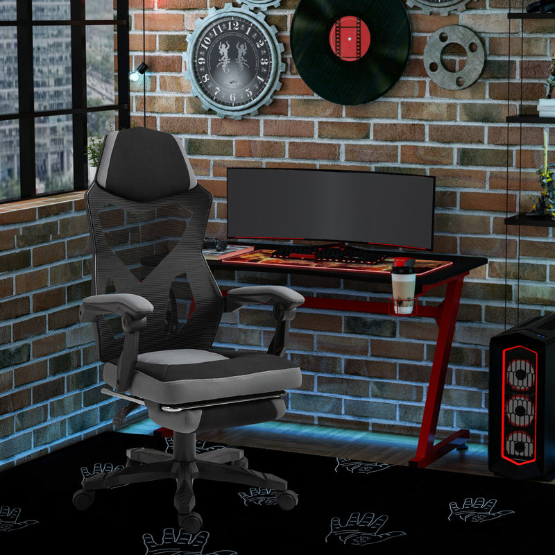 Sedia da Gaming Ergonomica con Schienale Reclinabile e Poggiapiedi Retrattile in Tessuto Grigio   