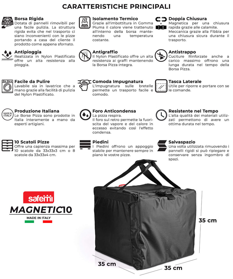 Borsa Termica Rigida Magnetica Porta Pizze da Asporto 10 Cartoni Safemi Magnetic 10 Nera