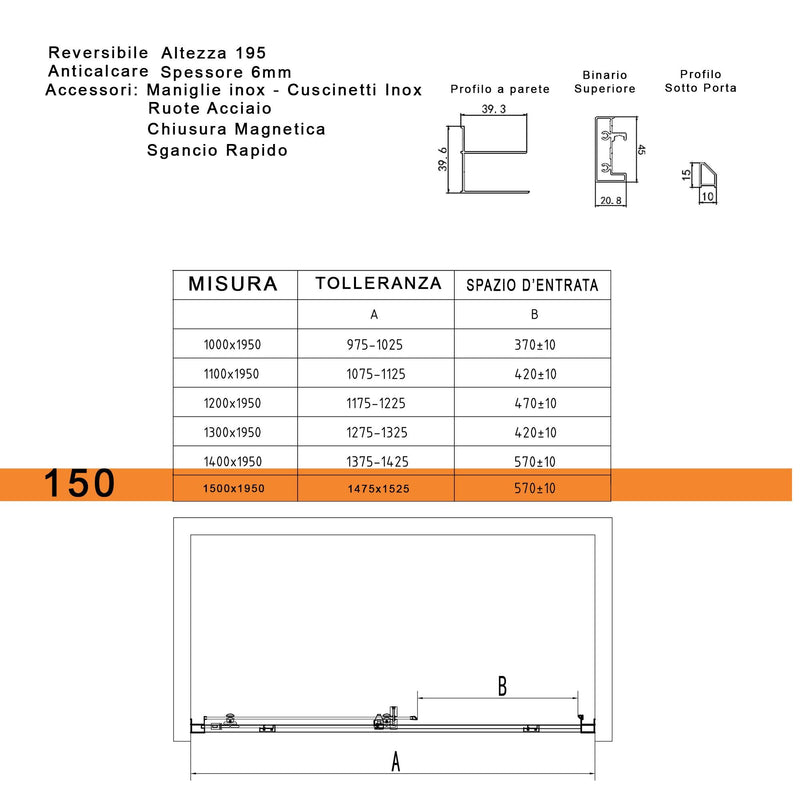 Porta Parete Doccia 150 cm 1 Anta Scorrevole in Cristallo Trasparente 6mm H195 Bonussi Eliane
