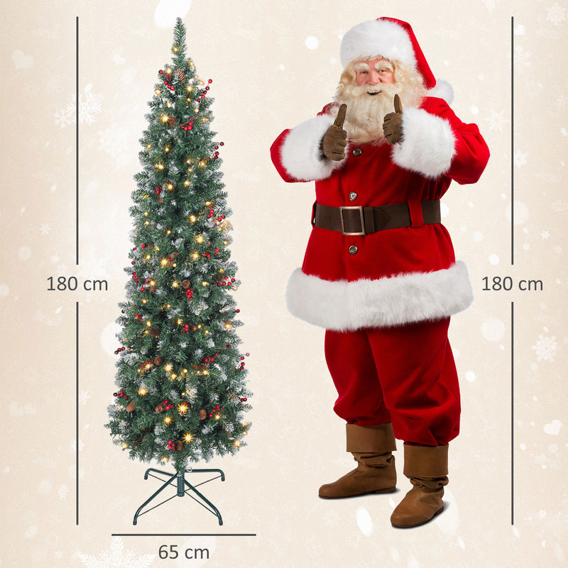 Albero di Natale Innevato 180 cm con 200 Luci LED con 42 Pigne e 42 Grappoli di Bacche Verde e Argento      