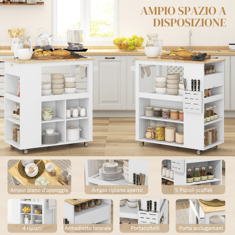 Carrello da Cucina Piano in Legno Isola Multiuso con Portaspezie e Portasciugamani 86,5x47x88 cm in Legno Bianco  