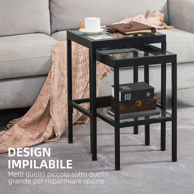Set 2 Tavolini con Ripiano in Vetro e Struttura in Acciaio Nero