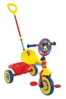 Triciclo a Pedali Primi Passi per Bambini con Maniglione Genitoriale Rimovibile e Vano Contenitore Disney Mickey Mouse Giallo e Rosso  