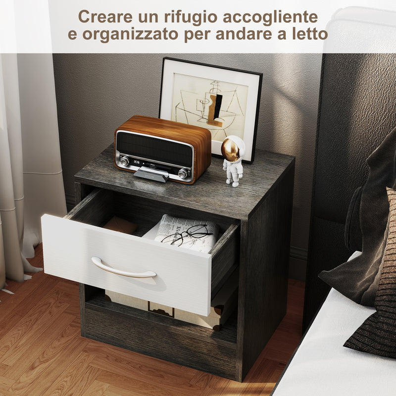 Set 2 Comodini con Cassetto e Ripiano Aperto 39x28x41 cm in Legno Bianco e Grigio Scuro   