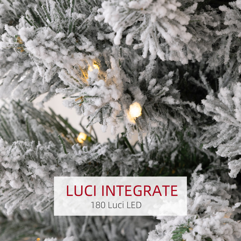 Albero di Natale Innevato Slim 210 cm con 405 Rami e 180 Luci LED Bianco Caldo in Plastica e Metallo Bianco      