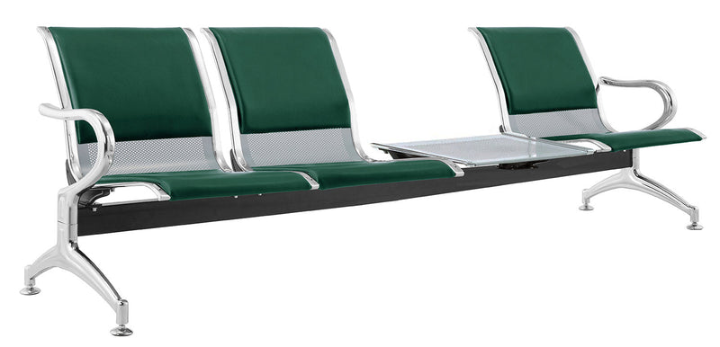 Panca per Sala Attesa 3 Posti da Ufficio con Cuscino e Tavolino in Acciaio e Similpelle Argento/Verde