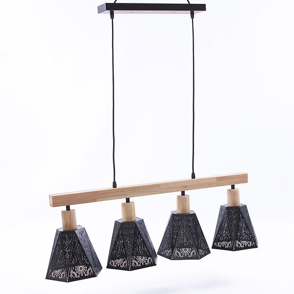 Lampadario a 4 Luci 90x18xH30 cm in Metallo Nero e Legno Naturale online