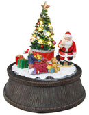 Babbo Natale con Albero e Pacchi Regalo Carillon 20,5x20,5x22,5 cm in Resina con Movimento e Luci