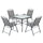 Set aus Tisch und 4 klappbaren Gartenstühlen aus Stahl mit Glasplatte und Sitzen aus schwarzem Stoff