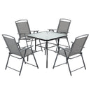 Set Tavolo e 4 Sedie Pieghevoli da Giardino in Acciaio Piano in Vetro e Sedute in Tessuto Nero