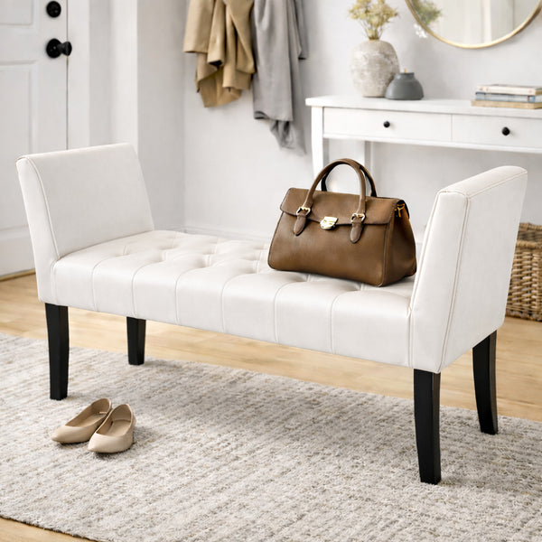 sconto Panca Fondoletto Ingresso 111x40x60 cm con Piedi in Legno e Rivestimento Ecopelle Bianco