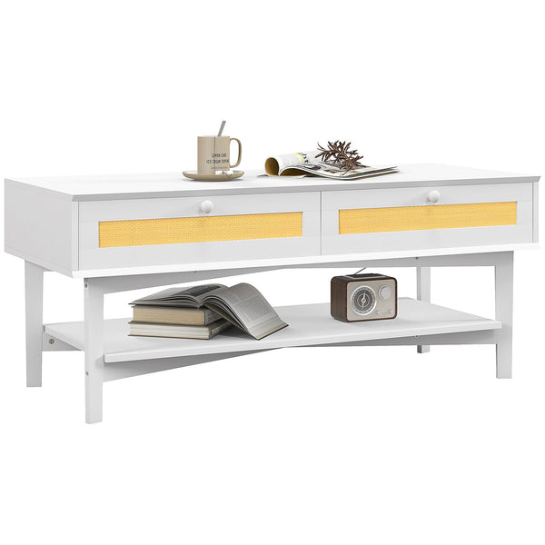 Tavolino da Caffè Boho con 2 Cassetti e Ripiano 120x50x50 cm in Rattan e Truciolato Bianco e Legno online
