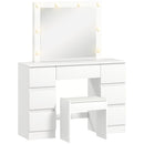 Consolle Trucco con Specchio Stile Hollywood 8 Luci LED con 7 Cassetti e Sgabello Imbottito in Legno Bianco      