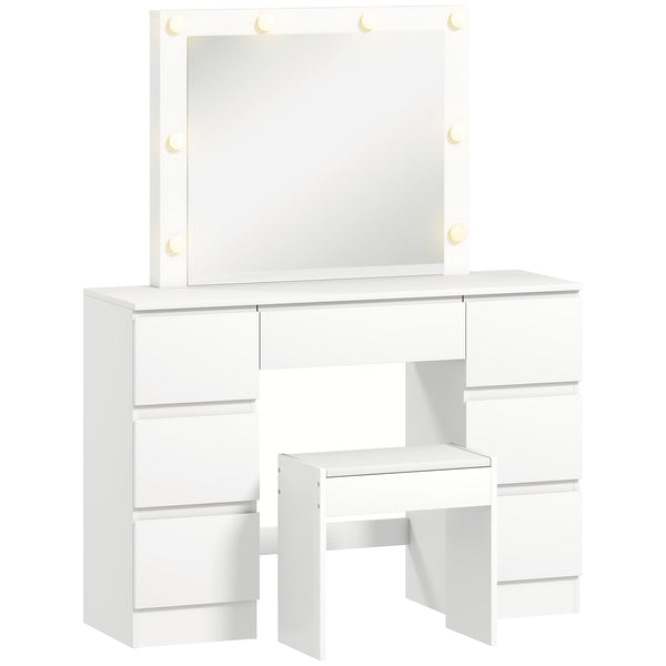 sconto Consolle Trucco con Specchio Stile Hollywood 8 Luci LED con 7 Cassetti e Sgabello Imbottito in Legno Bianco