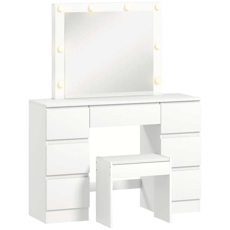 Consolle Trucco con Specchio Stile Hollywood 8 Luci LED con 7 Cassetti e Sgabello Imbottito in Legno Bianco      
