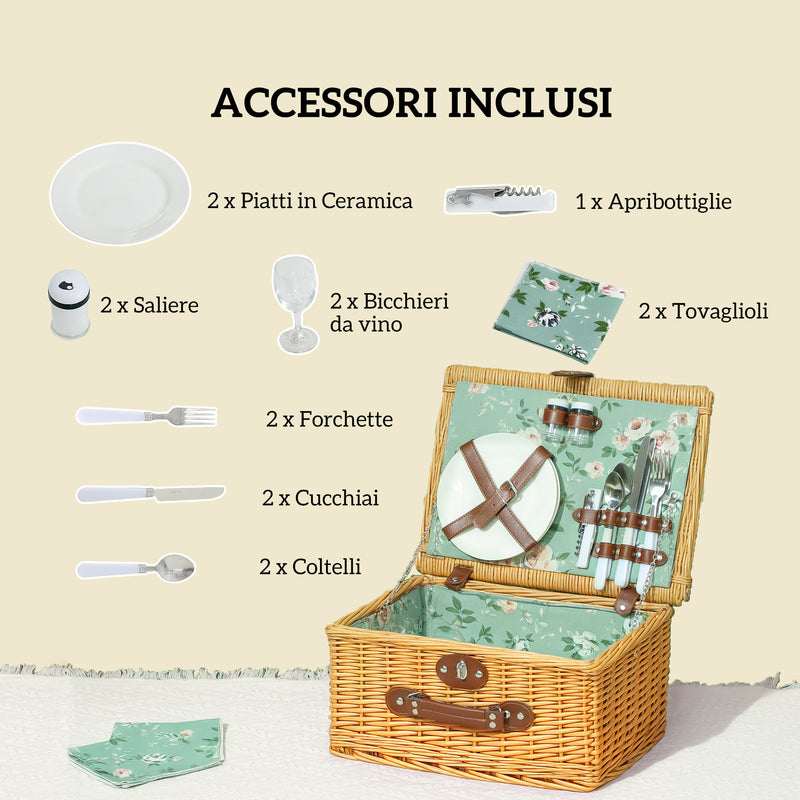 Cesta Valigetta da Pic Nic per 2 Persone 15 Pezzi in Vimini Marrone  