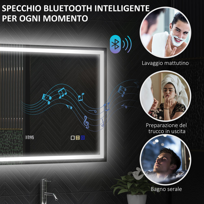 Specchio Bagno da Parete LED Antiappannamento 80x100 cm Speaker Bluetooth e Pulsanti Touch in Vetro Temperato  
