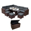 Set Salotto da Giardino 240x186x70 cm ad Angolo con Tavolo e Box Contenitore in Rattan Marrone