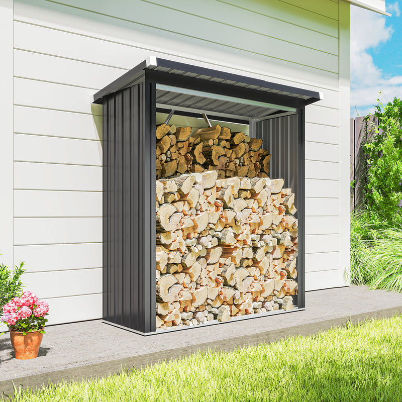 Capanno Portalegna 150x66.5x150 cm Base Rialzata e Tetto Inclinato in Acciaio Grigio Scuro      
