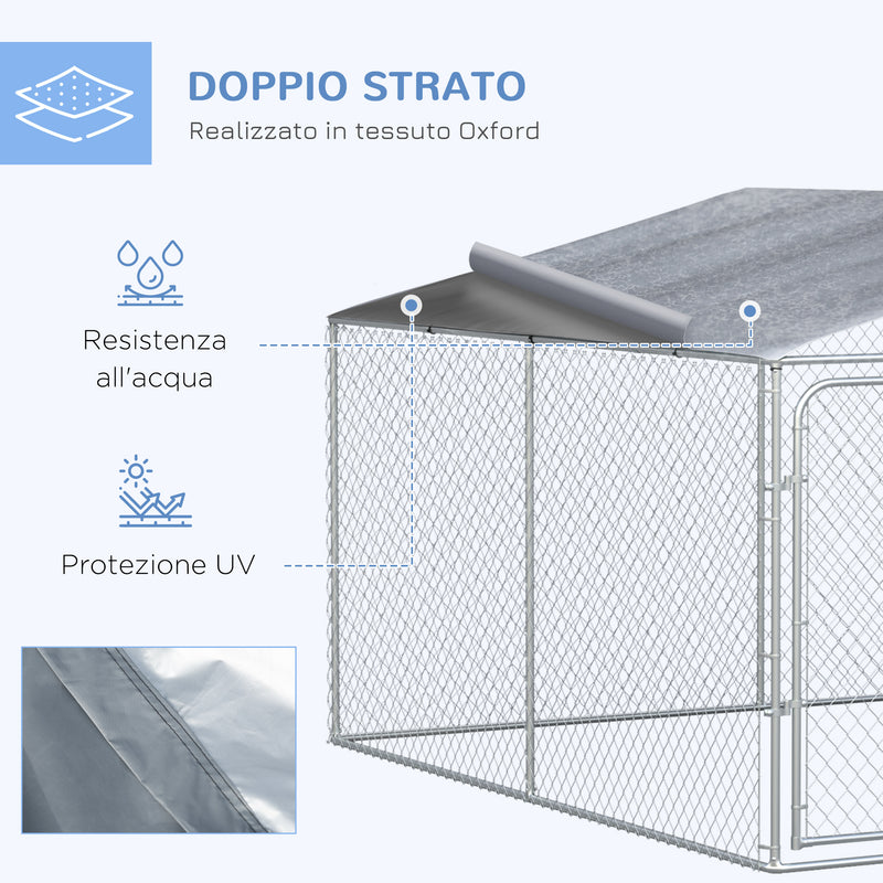 Gabbia Kennel per Cani da Esterno 400x400x232 cm in Metallo e Tetto in Tessuto Oxford Argento