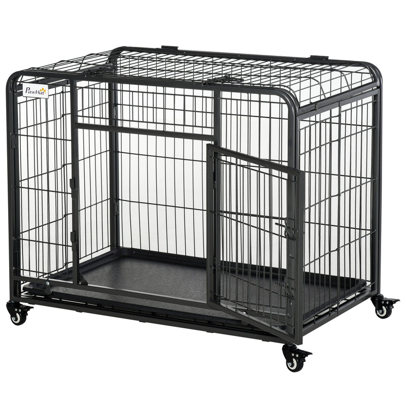 Box Kennel per Cani Pieghevole 94x58x69.5 cm a Doppia Porta con Blocco 4 Ruote e Fondo Rimovibile Grigio      