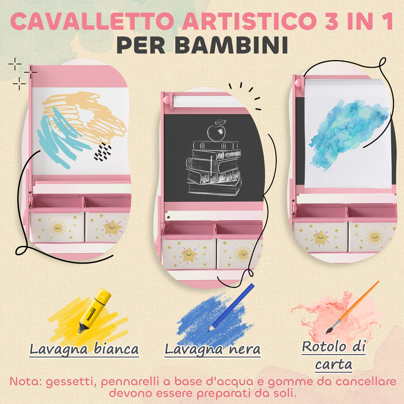 Lavagna per Bambini 3 in 1 54x46x94 cm con Cavalletto Rotolo di Carta e 2 Cestelli in Legno Rosa  