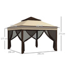 Gazebo Regolabile su 3 Livelli con Pareti Rimovibili 3x3m in Acciaio e tessuto Oxford Caffè e Beige