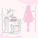 Set Toeletta Trucco Bambina 55x34x87 cm con Sgabello Specchio in Acrilico 2 Scatole Portaoggetti Design Unicorno in MDF Rosa      