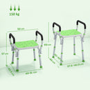 Sgabello Doccia ad Altezza Regolabile 52x45x57-69 cm con Braccioli e Piedini Antiscivolo in Alluminio e HDPE Verde      