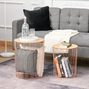 Set 2 Tavolini Contenitori Ripiano Rimovibile in Metallo e MDF Oro Rosa e Legno