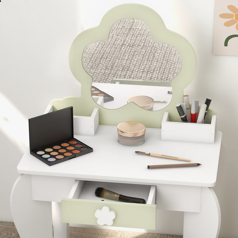 Set Toeletta per Bambina con Specchio Trucco in Acrilico e Sgabello Abbinato in MDF Bianco      